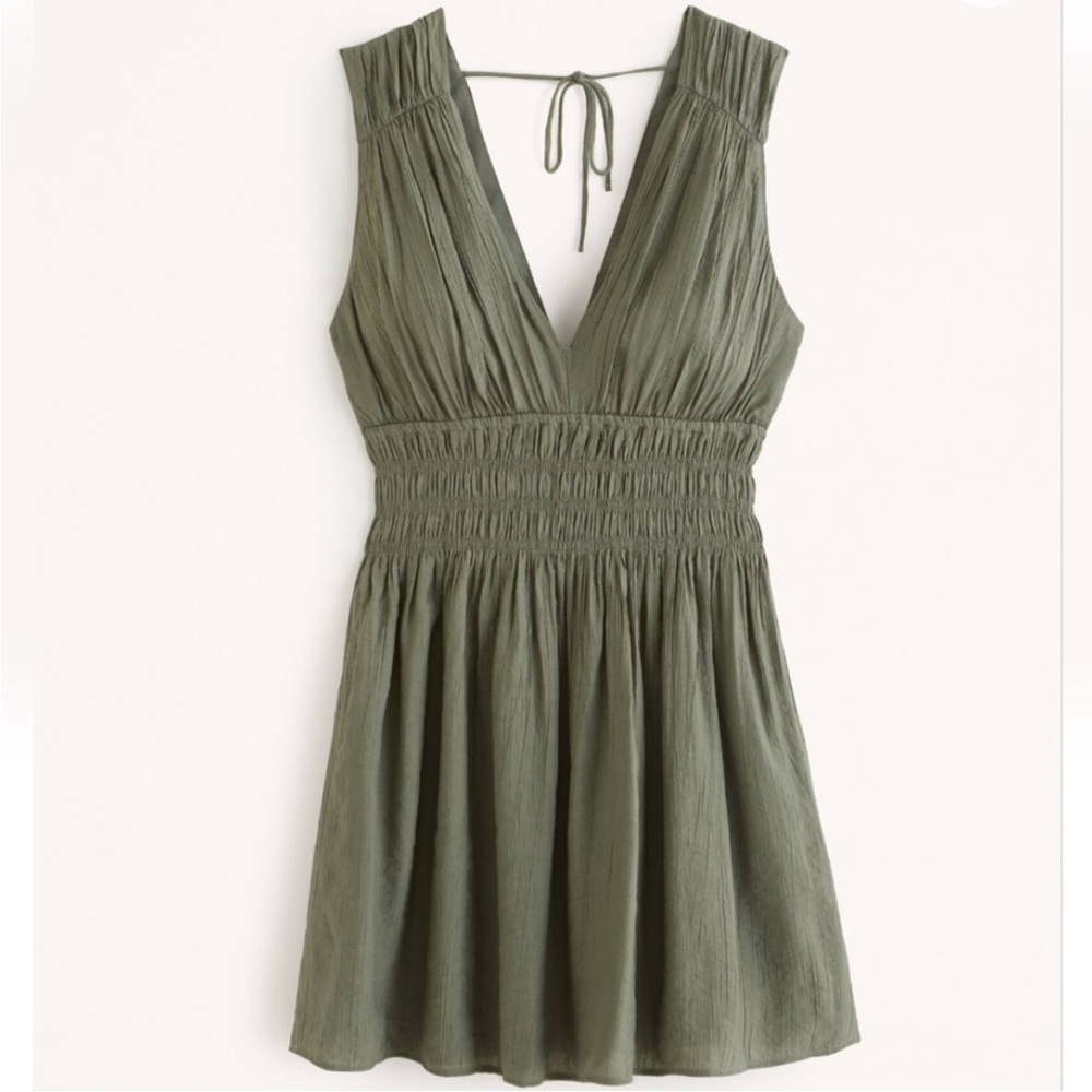 Abercrombie & Fitch Smocked Plunge Crinkle Mini Dress - olive NWOT